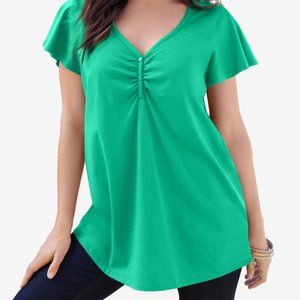 Flutter-Sleeve Tee Sweetheart neck with button detail and ruching Green L 18-20